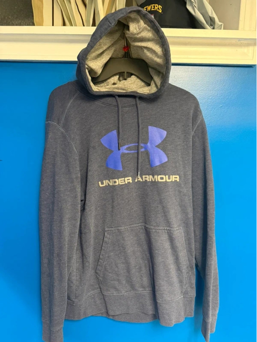 Under Armour Mens Big Logo Loose Fit Hoodie Large Blue Gray Purple Fleece